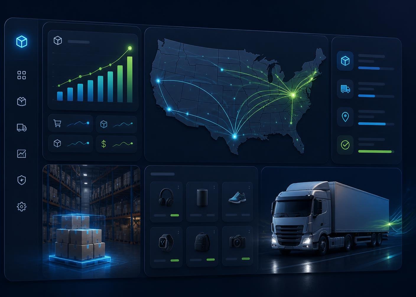 FindsCart Drop warehouse dashboard showing US shipping routes, live order analytics, and same-day fulfillment